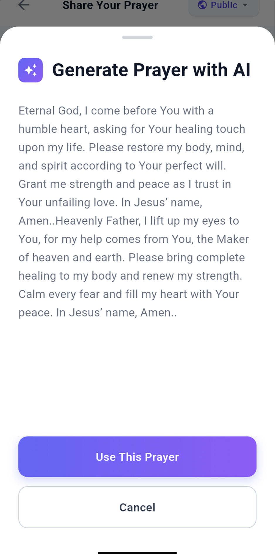 AI Prayer Generator showing personalized prayer with Bible references