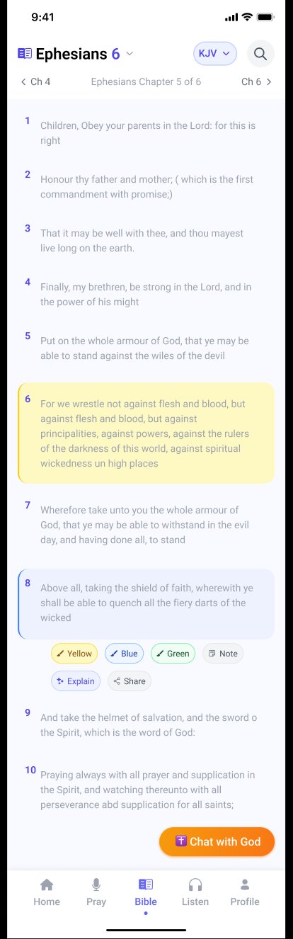 Bible reader showing Ephesians chapter 6 with verse highlighting and AI explanation tools
