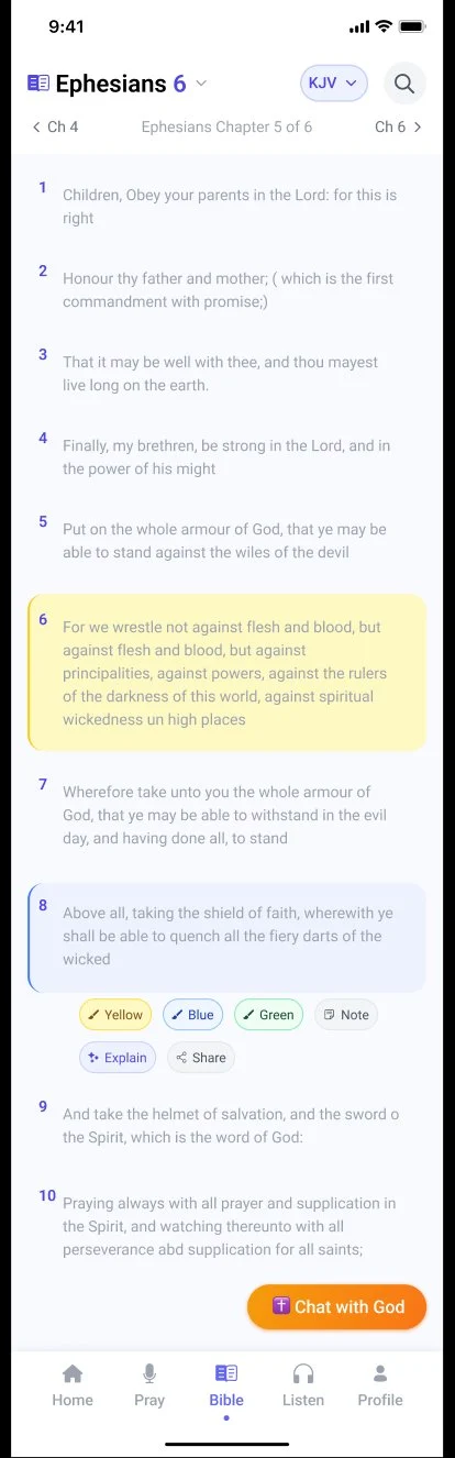 Bible reader showing Ephesians chapter 6 with verse highlighting and AI explanation tools