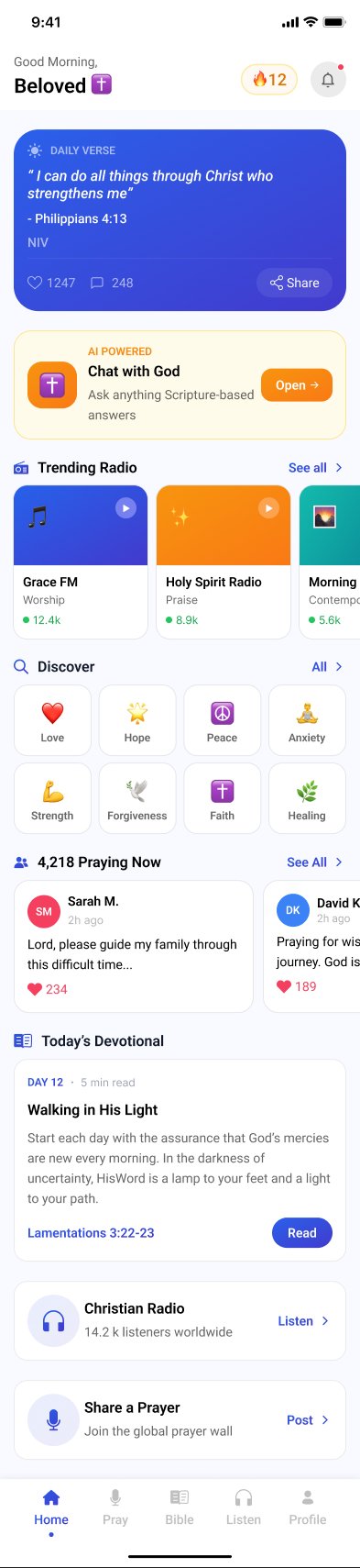 The Divine Bible home screen with daily verse, trending radio, and prayer wall