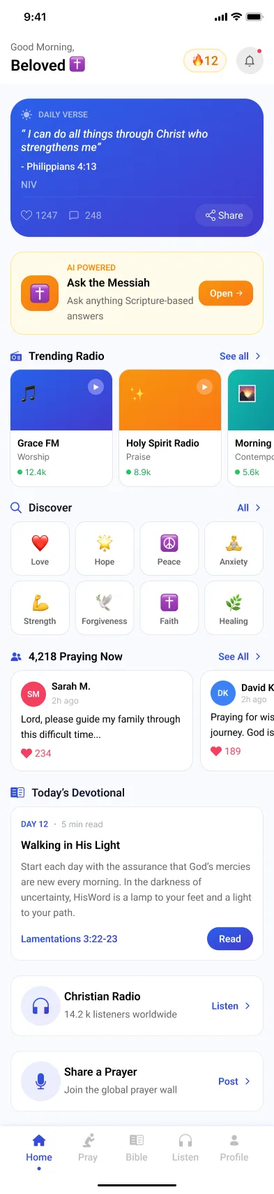 The Divine Bible home screen with daily verse, trending radio, and prayer wall