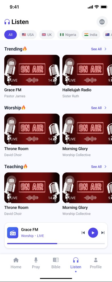 Listen screen showing Christian radio stations by category including Grace FM and Hallelujah Radio