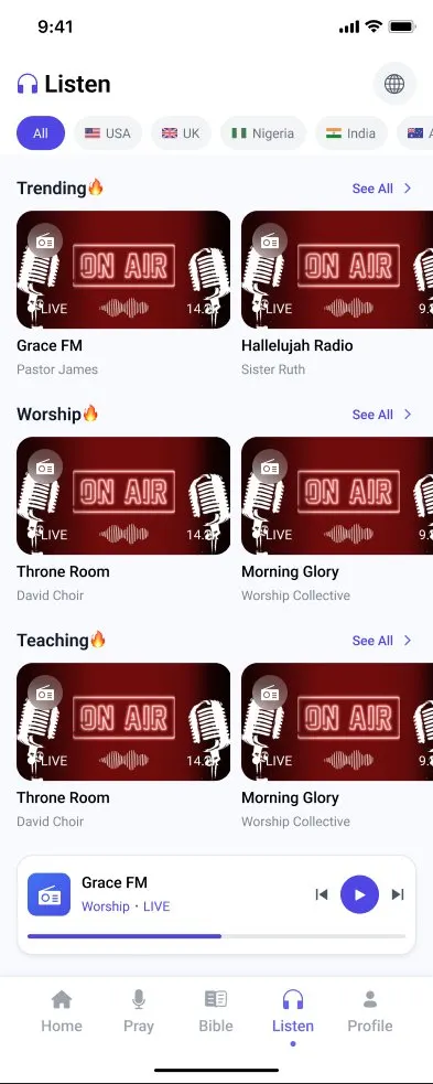 Listen screen showing Christian radio stations by category including Grace FM and Hallelujah Radio
