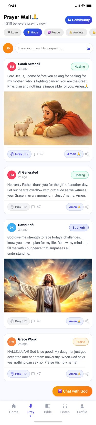 The Divine Bible Prayer Wall screen showing global prayer requests