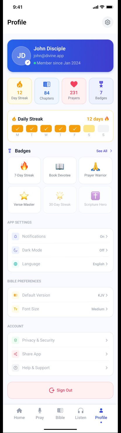 Profile screen showing 12-day streak, 84 chapters read, 231 prayers shared, 7 badges earned