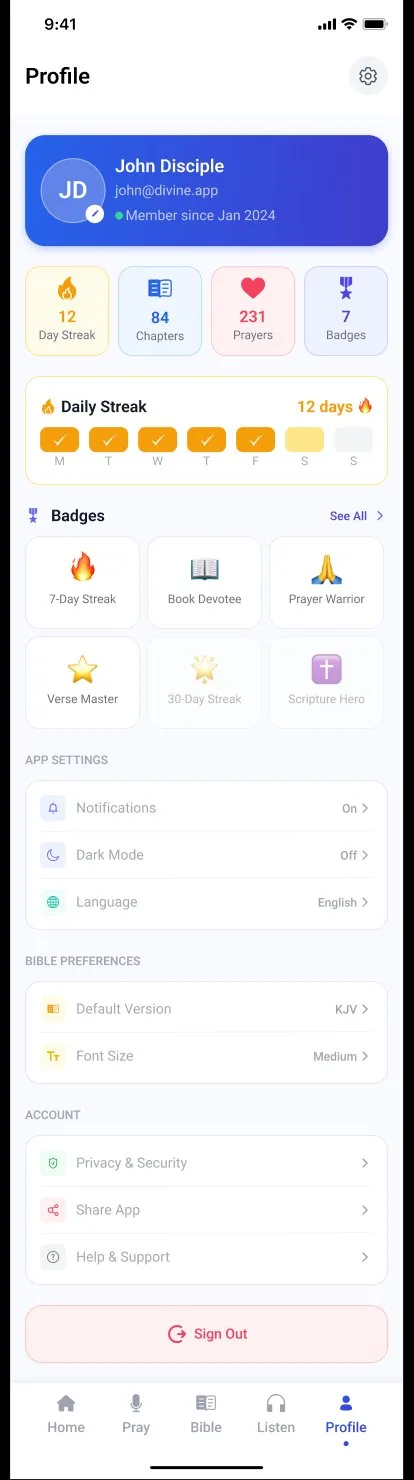 Profile screen showing 12-day streak, 84 chapters read, 231 prayers shared, 7 badges earned